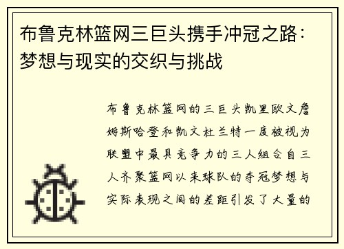 布鲁克林篮网三巨头携手冲冠之路：梦想与现实的交织与挑战
